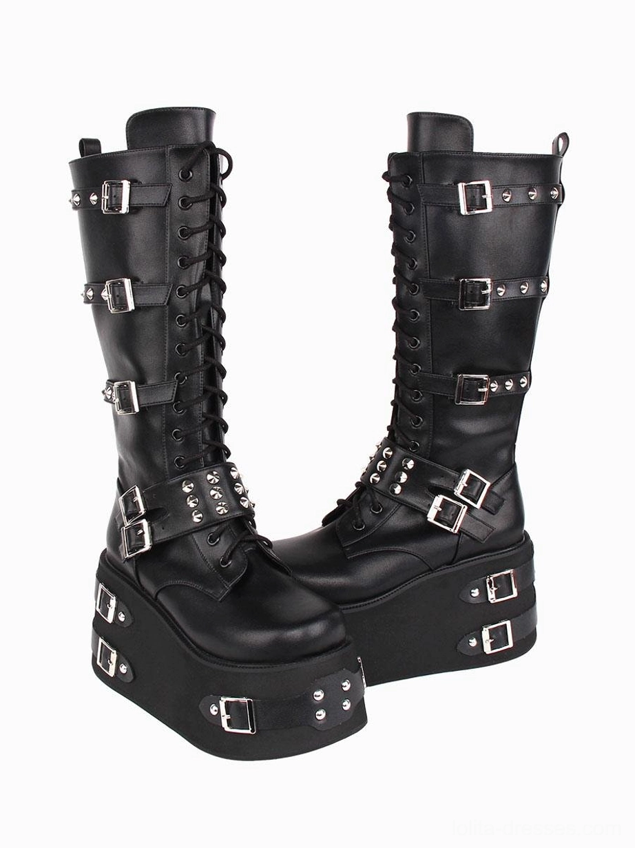 Gothic lolita platform boots opposite diagonal three-quarter side view studded ankle strap thick platform sole