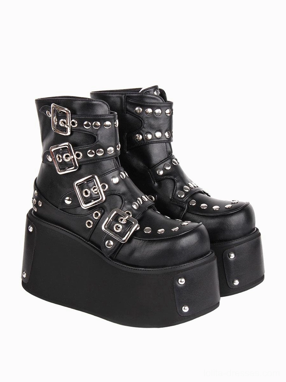 Black studded Gothic Lolita boots with metal hardware decorations round toe platform sole rear view