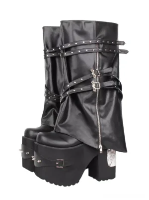 Black Gothic Lolita platform boots with studded straps front three-quarter view pair white background