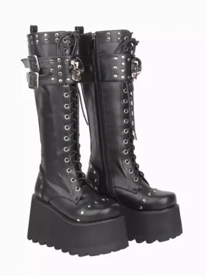 Gothic Lolita wedge heel boots side view showing serrated thick sole and side zipper closure