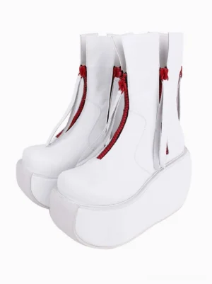 Gothic Lolita platform boots white pu leather round toe wedge heel front three-quarter view studio photography