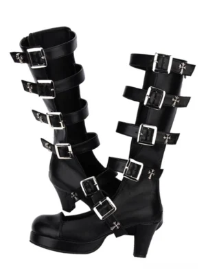 Gothic lolita platform buckle boots with cross metal trims and kitten heel, shown in black matte faux leather from side oblique paired display angle