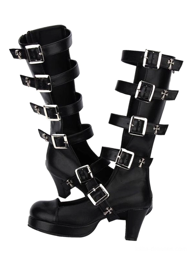Gothic lolita platform buckle boots with cross metal trims and kitten heel, shown in black matte faux leather from side oblique paired display angle