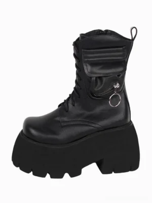 Black gothic lolita platform combat boots left side three-quarter view featuring lace-up front closure round toe and side utility pocket with metal ring zipper pull chunky serrated lug sole
