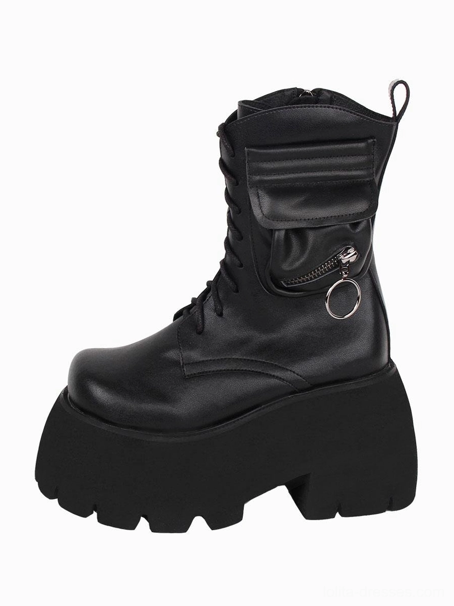 Black gothic lolita platform combat boots left side three-quarter view featuring lace-up front closure round toe and side utility pocket with metal ring zipper pull chunky serrated lug sole