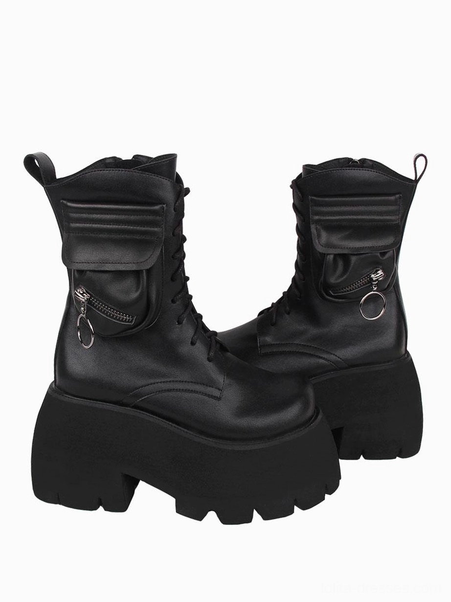 Black gothic lolita platform combat boots low left front angle close-up of black leatherette side zipper pocket with metal ring charm round toe profile wedge heel structure