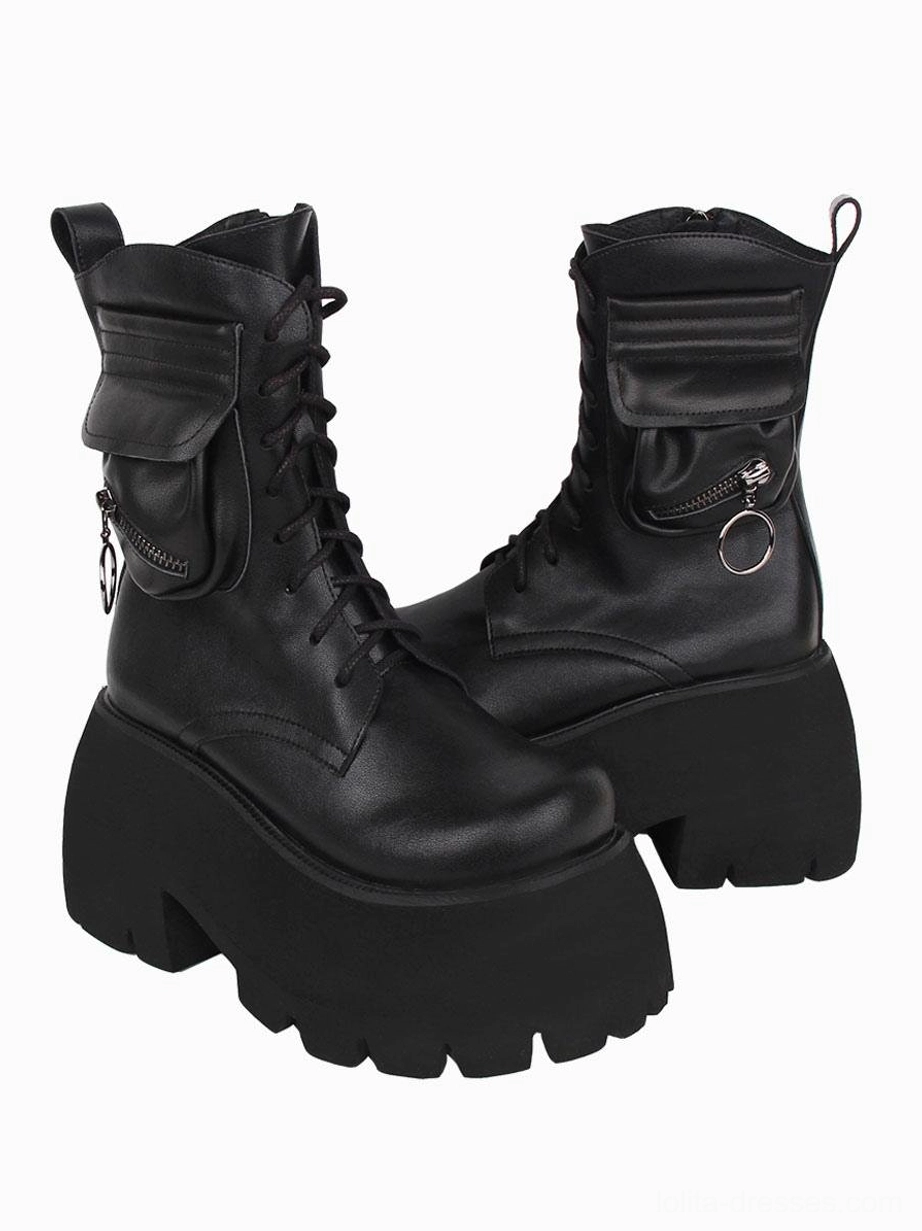 Black gothic lolita platform combat boots low right front view showcasing lace-up closure system utility side pocket serrated lug block sole construction chunky platform architecture