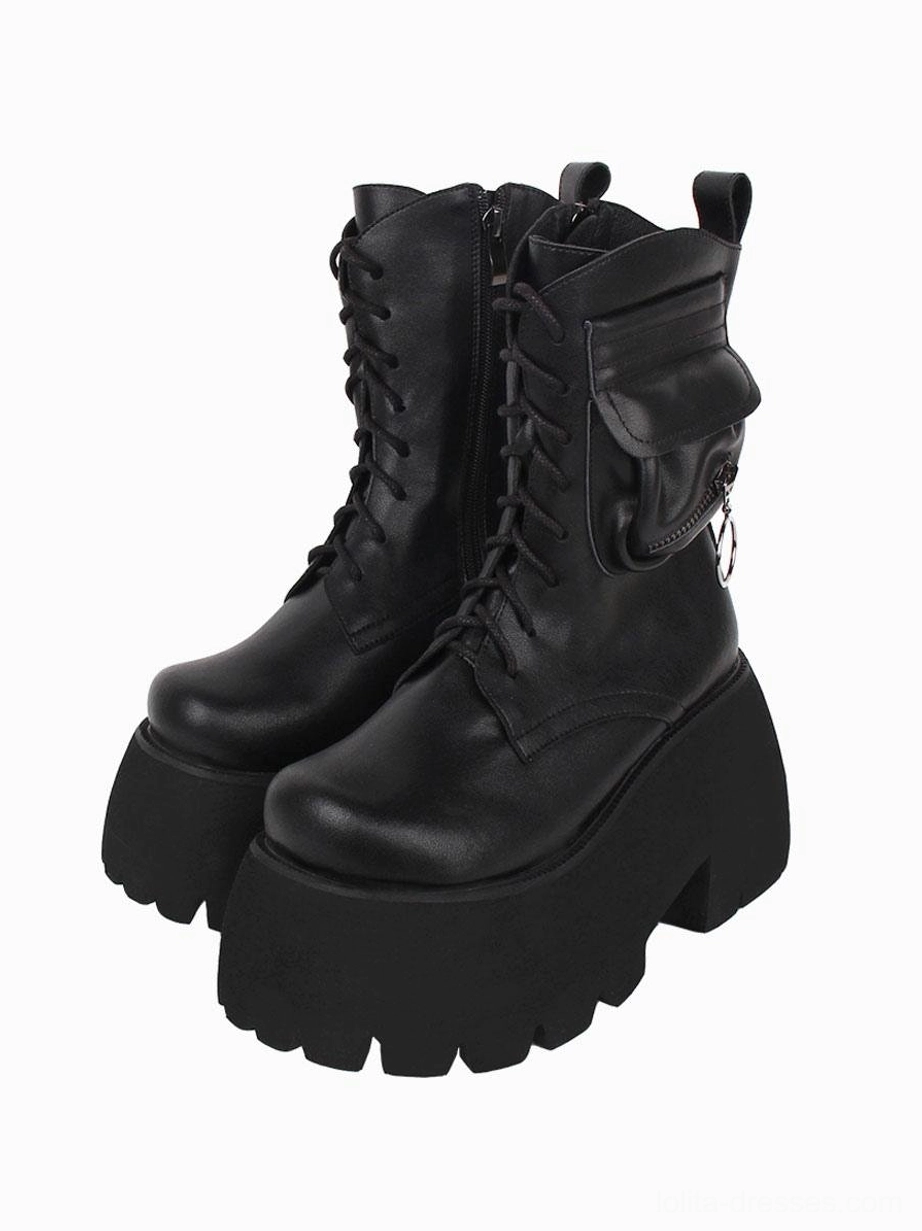 Pair of black gothic lolita platform combat boots front three-quarter view displaying matching side utility pockets round toe design uniform chunky lug soles lace-up closure details