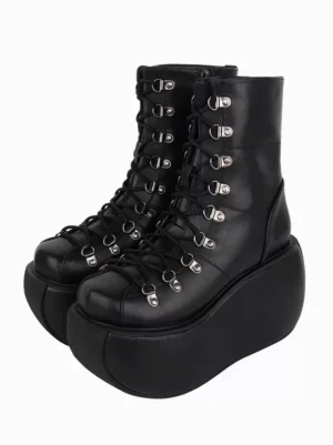Black gothic lolita platform combat boots front three-quarter view showing round toe and silver metallic lace hardware