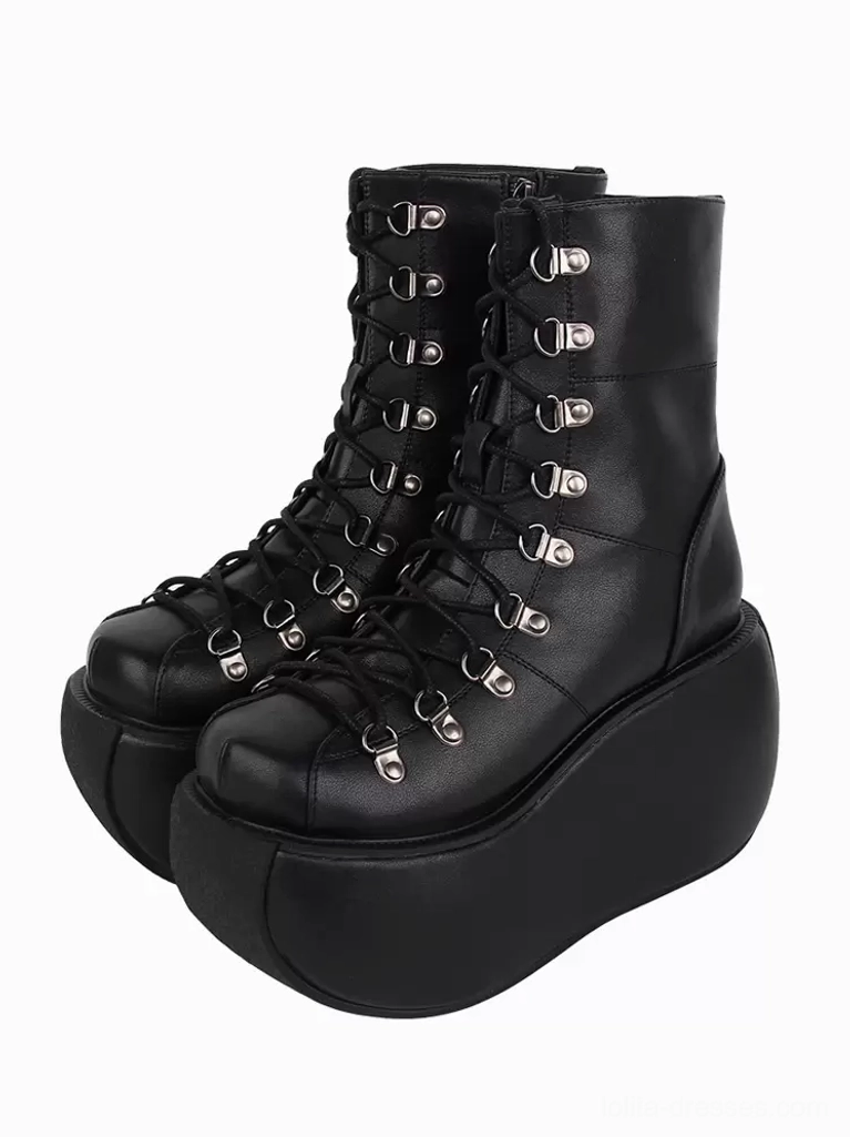 Black gothic lolita platform combat boots front three-quarter view showing round toe and silver metallic lace hardware