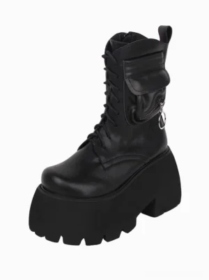 Black gothic lolita platform combat boots right side profile showcasing rear pull tab matte polyurethane leather finish thick block platform sole authentic goth footwear