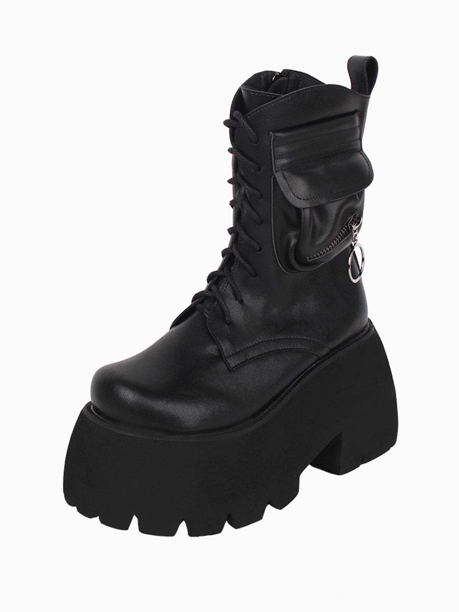 Black gothic lolita platform combat boots right side profile showcasing rear pull tab matte polyurethane leather finish thick block platform sole authentic goth footwear
