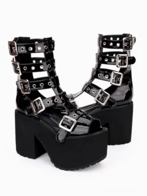 Gothic lolita steampunk platform sandals oblique side perspective silver square buckles hollow strap structure chunky platform sole