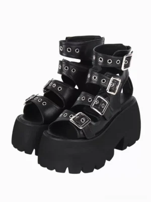 Gothic lolita platform gladiator sandals with silver buckle straps front oblique view black metallic PU leather peep toe chunky lug sole