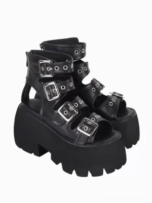 Gothic lolita platform sandals side rear oblique angle black upper multiple silver fastener buckles thick platform outsole