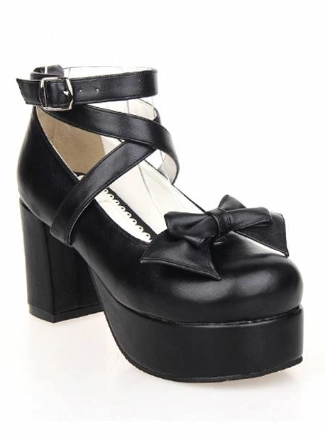 Black lolita platform pump left side three-quarter angle view, showing PU leather material, cross ankle strap with buckle, decorative bow, and platform heel