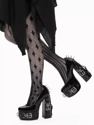 Gothic platform heels side view on model wearing diamond net stockings and black gothic lolita skirt