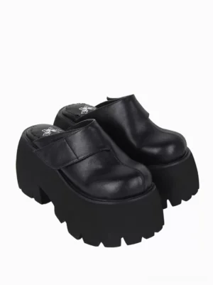 Left side view of gothic lolita platform mules featuring front decorative strap, closed round toe design, and chunky rubber outsole