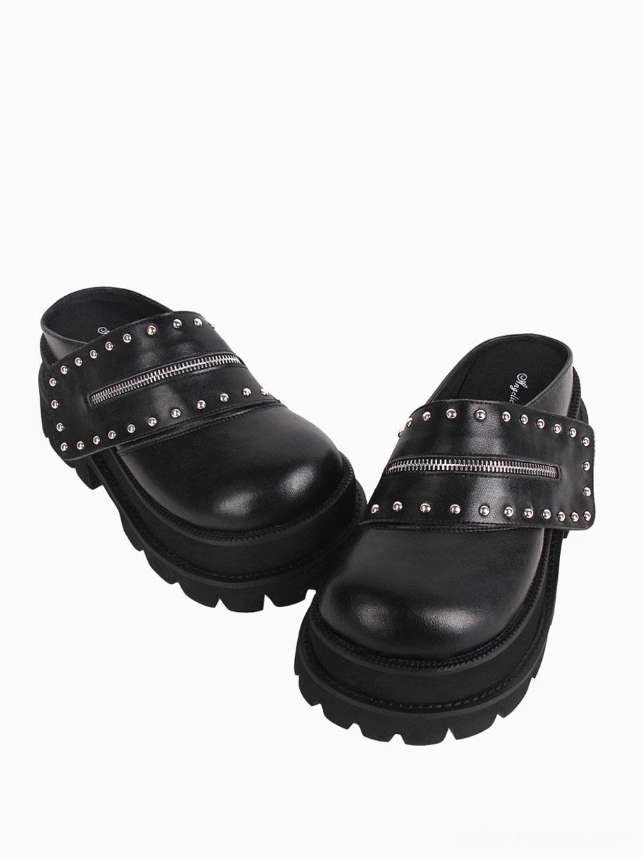 Gothic Lolita platform sandals featuring smooth black PU leather upper with studded zipper decoration and open back design, oblique side view