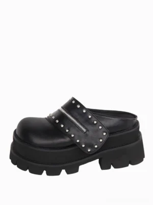 Gothic Lolita platform mule sandals with studded zipper strap, left side profile view showing round toe and chunky lug sole on white background