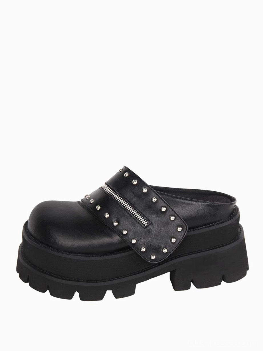Gothic Lolita platform mule sandals with studded zipper strap, left side profile view showing round toe and chunky lug sole on white background