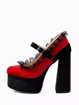 Single gothic lolita platform pump right side profile showcasing red corduroy upper, black block heel, and decorative lace collar