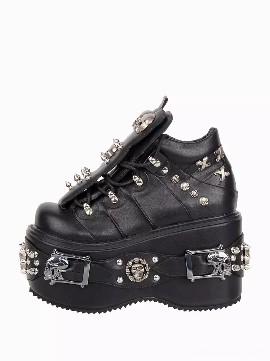 Single Gothic platform pump left full side view exposed laces metal skull spike buckle trims ultra-high thick sole 10cm heel