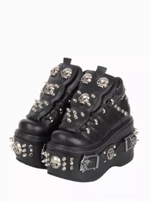 Gothic Lolita platform pumps black PU leather front three-quarter paired view metal skull spike buckle embellishments thick wedge sole