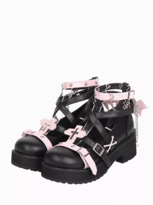 Gothic Lolita black chunky heel platform pumps with pink cross straps and silver chain accents front three-quarter view