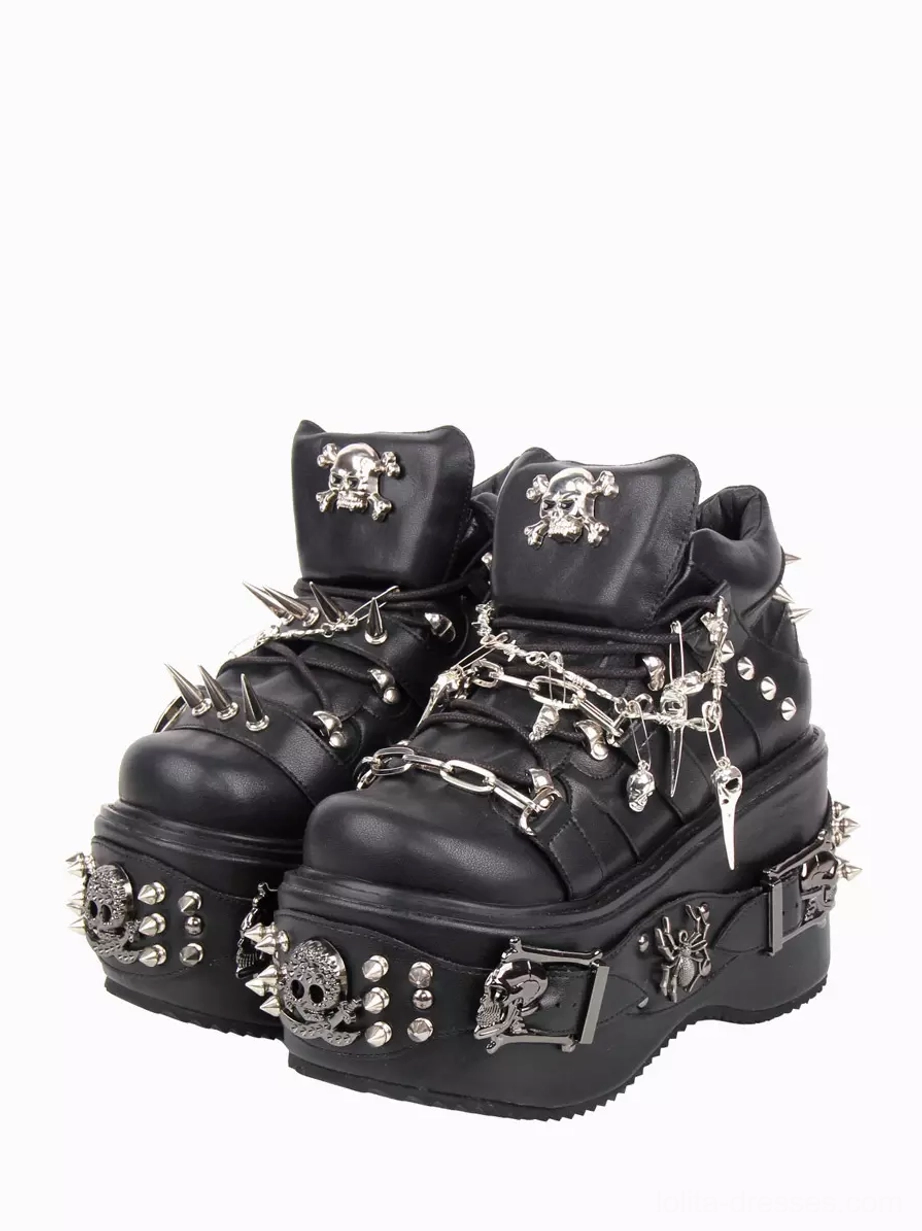 Gothic Lolita platform pumps pair frontal view featuring black PU leather with metal skull studs spike chain details and thick chunky wedge platform sole