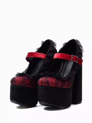 Pair of Gothic Lolita platform pumps with red-black lace and chunky block heel shown in front three-quarter view, featuring Mary Jane strap and round toe design on white background