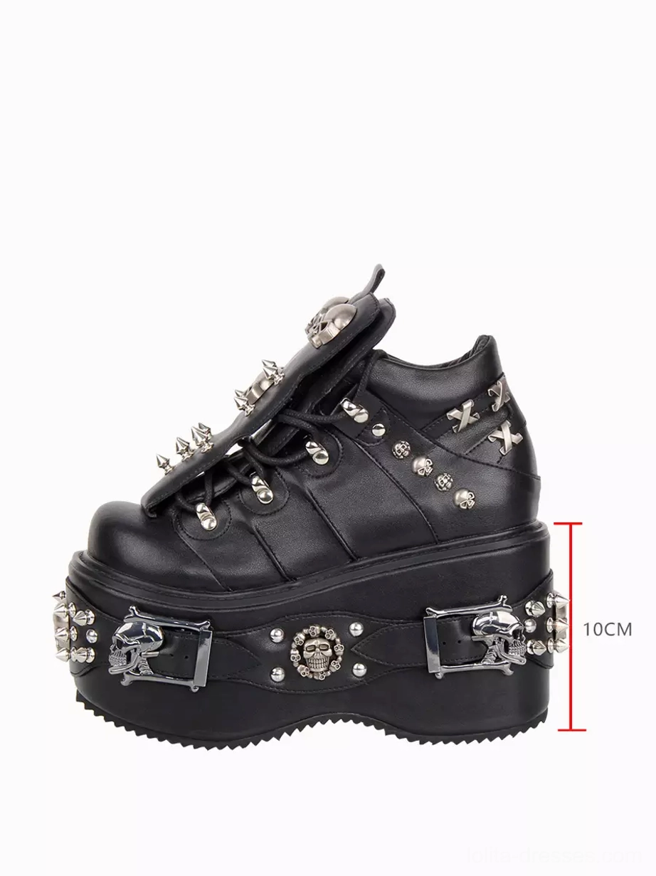 Gothic Lolita platform pumps right full side view marked 10cm heel height metal skull spike buckle ornaments foldable flap detail