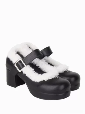 Gothic Lolita platform pumps side three-quarter view showcasing adjustable silver buckle strap, black PU leather upper, and block chunky heel design