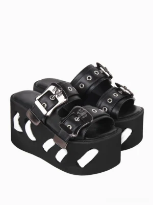 Black Gothic Lolita platform slide sandals side-front three-quarter angle, embossed metal buckles with hollow cutout thick wedge sole and adjustable strap eyelets