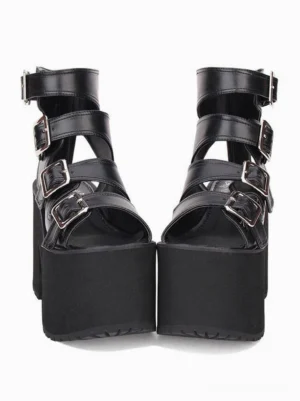 Gothic Lolita black platform sandals rear view showing multi-strap ankle design with silver buckles and chunky heel