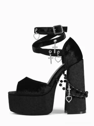 Black gothic lolita platform sandals right side view bead chain decoration cross heart pendants ankle strap chunky platform heel