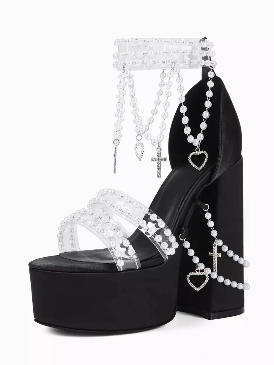 Gothic Lolita platform sandals close-up single shoe thick platform block heel transparent straps pearl tassel cross heart charms
