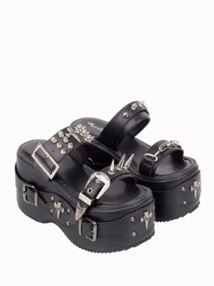 gothic lolita platform sandals side view cross metal ornaments studded straps adjustable buckles detail