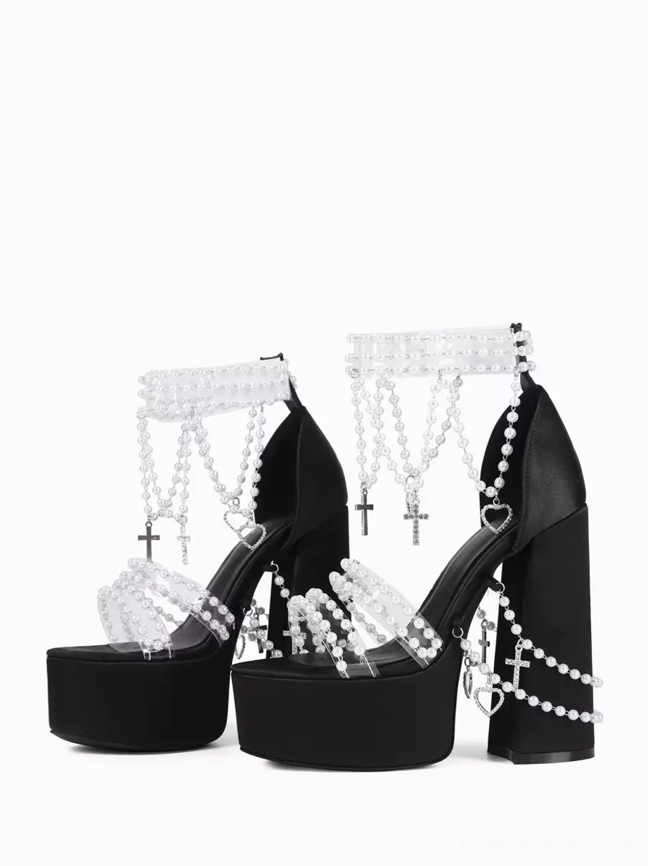 Gothic Lolita platform sandals front view black waterproof upper transparent pearl-adorned straps cross charm ankle tassels