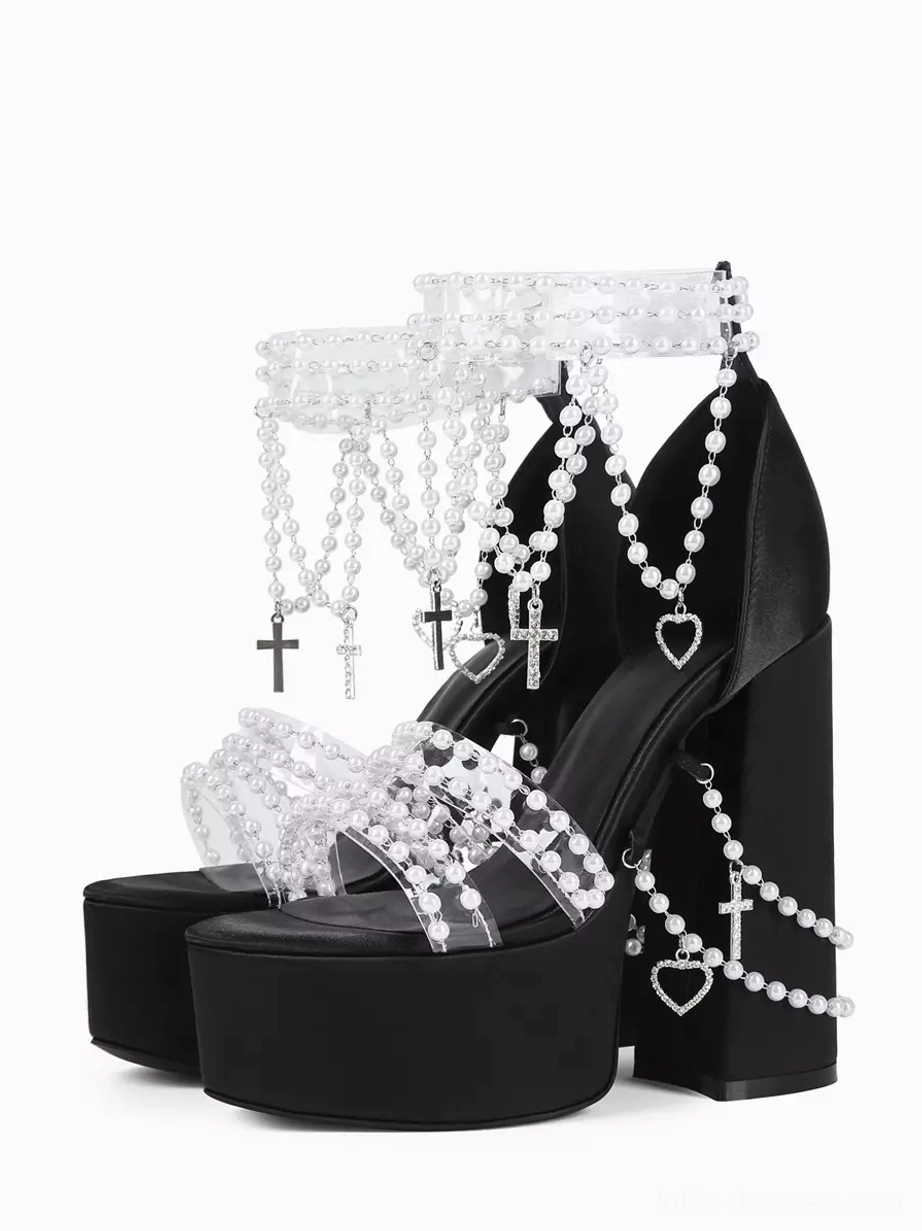 Gothic Lolita platform sandals pair view transparent pearl straps cross heart charms black upper waterproof design