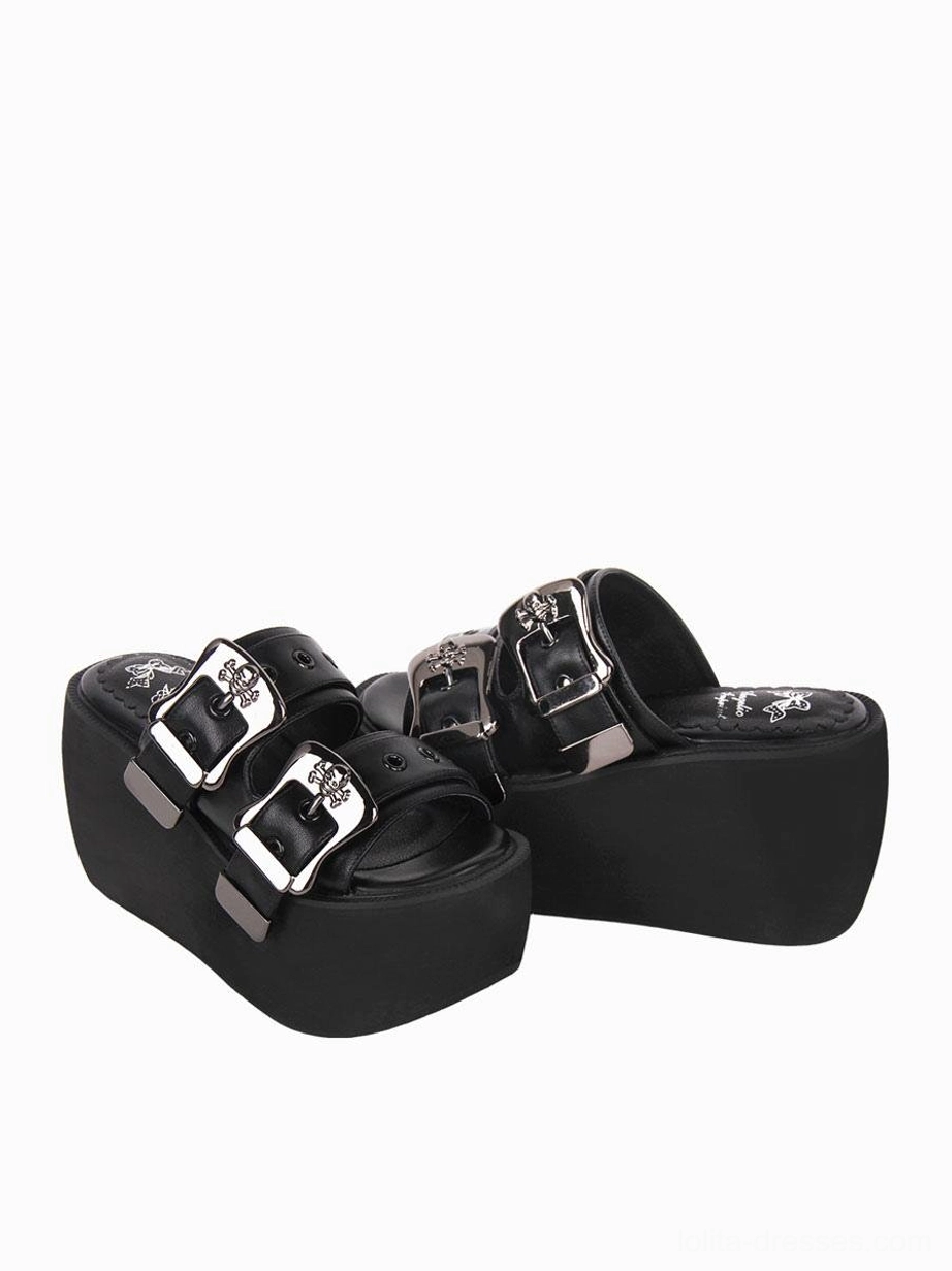 Gothic Lolita platform sandals oblique rear view showing smooth black PU upper and dual silver gothic buckle hardware