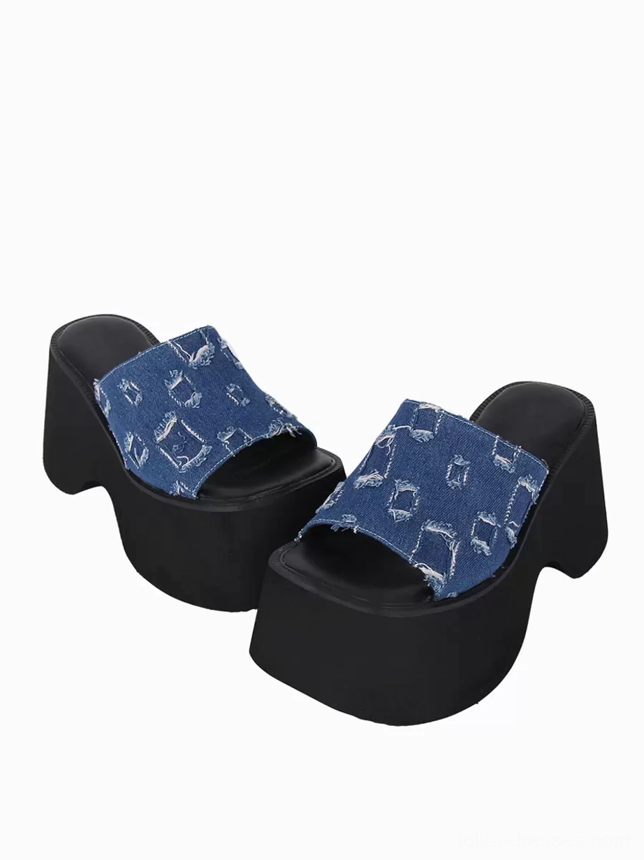 Matching blue distressed denim Gothic Lolita platform sandals rear three-quarter view showing matte black chunky platform sole outsole