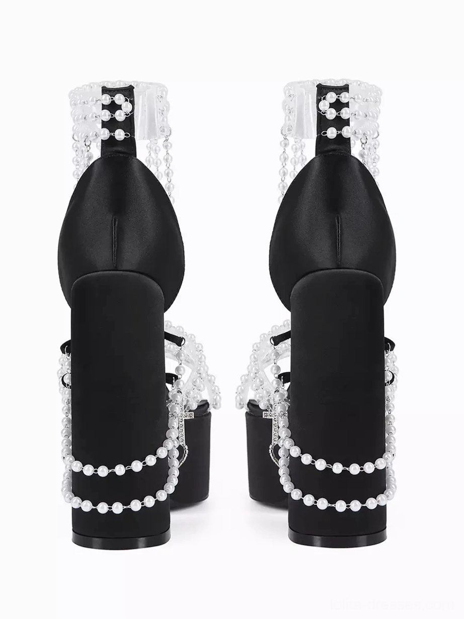 Gothic Lolita sandals rear view showing chunky black block heels pearl ankle straps body chains cross heart pendants