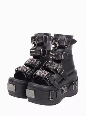 Black gothic lolita platform sandals with multi-buckle straps and rivet studs front view flat lay showcase