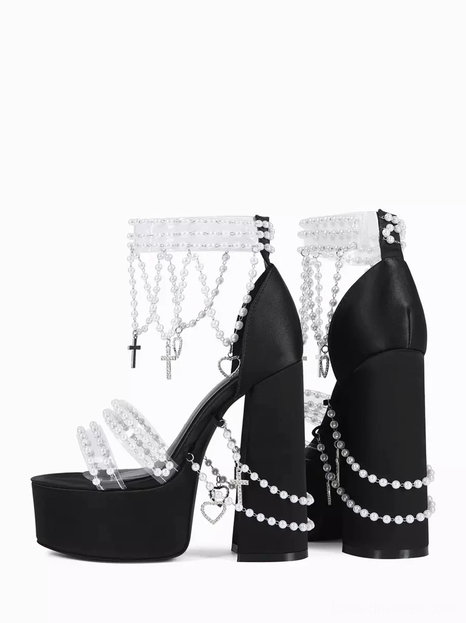 Gothic Lolita sandals side-rear view paired shoes black upper pearl chain decorations cross heart pendants thick block platform