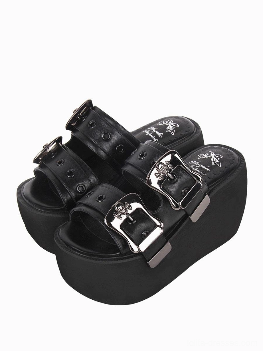 Gothic Lolita platform sandals front top-down view showing branded insole and dual silver buckle strap configuration