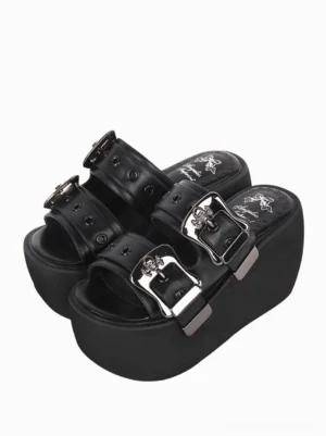 Gothic Lolita platform sandals with dual silver buckle straps front oblique top-down view black PU leather wedge sole