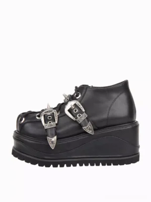 Single Gothic Lolita wedge shoe left side profile view displaying thick serrated sole and spike embellishment details on white background