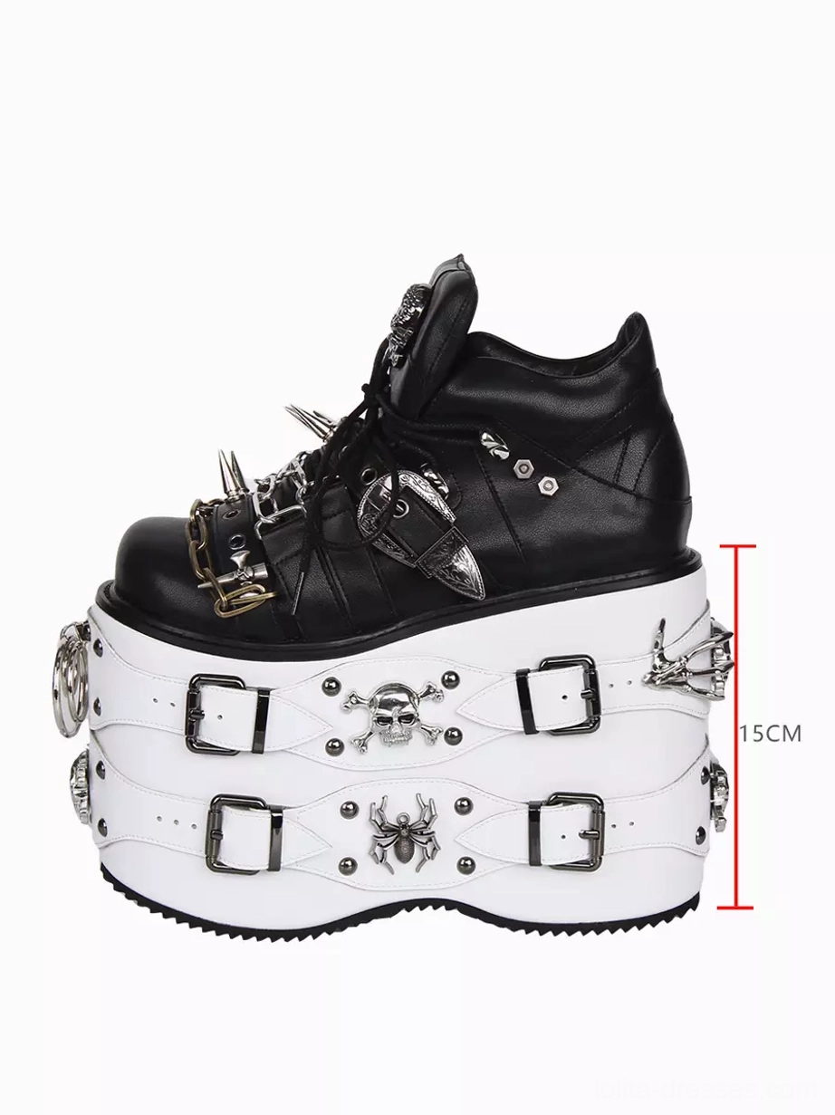 Single Gothic Lolita platform shoe side profile view black leather upper with spike and buckle hardware white sole with square buckles skull and spider decorations height marker