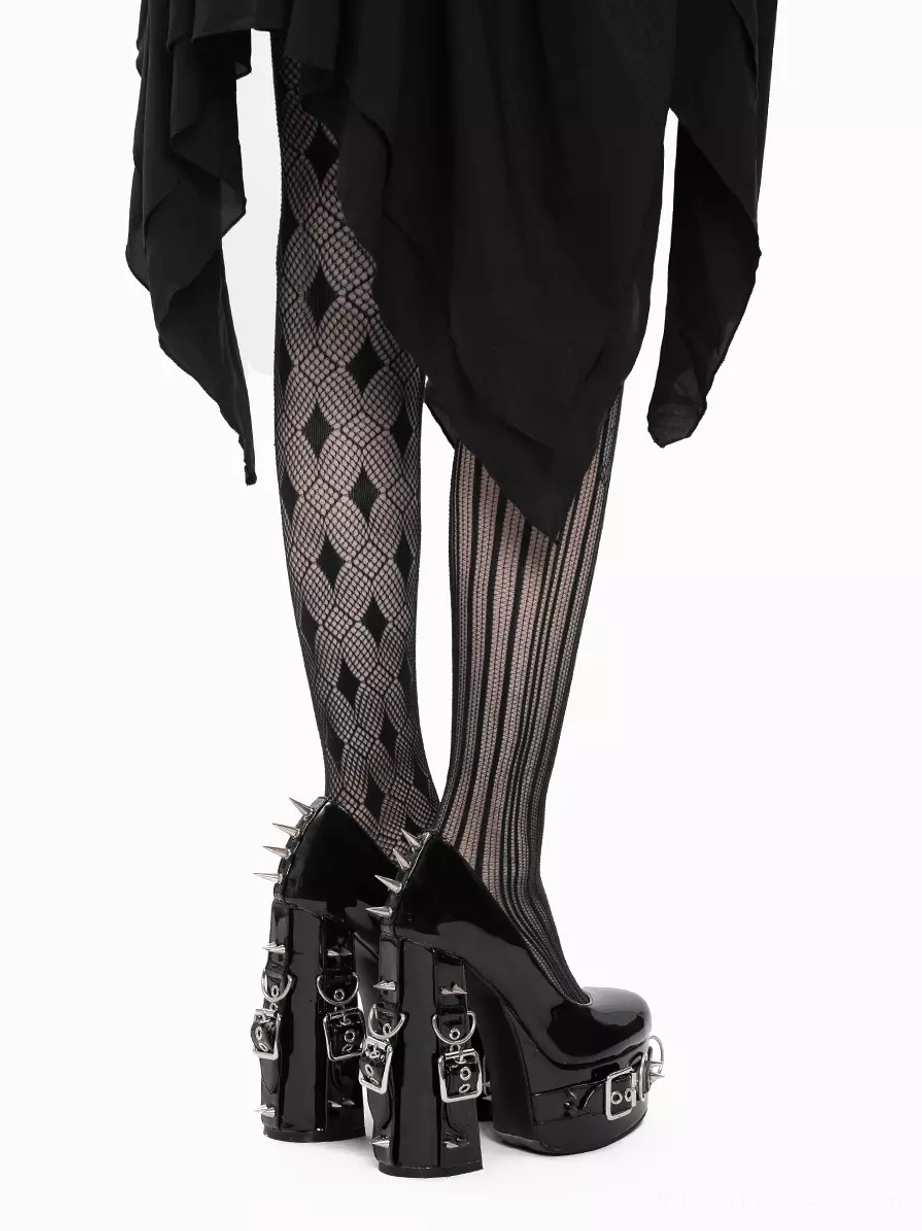 Gothic platform pumps back view model wearing striped and diamond pattern stockings with rivets and buckles